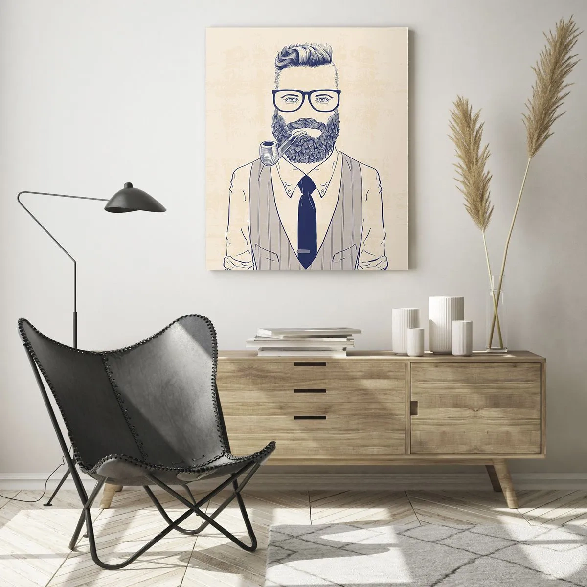 Impression sur verre - Image sur verre - Un homme stylisé avec une barbe, des lunettes et une pipe sur un fond clair. - 50x70cm - Gai, masculin et à la mode - Décoration murale moderne pour le salon et la chambre ARTTOR
