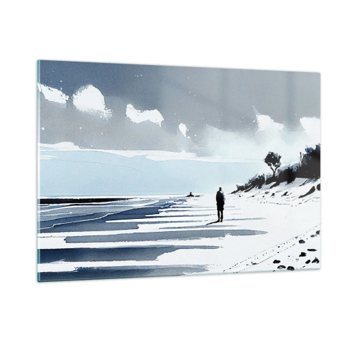 Impression sur verre - Image sur verre - Silhouette d'une personne solitaire marchant sur une plage déserte - 120x80cm - Seul à seul - Décoration murale moderne pour le salon et la chambre ARTTOR