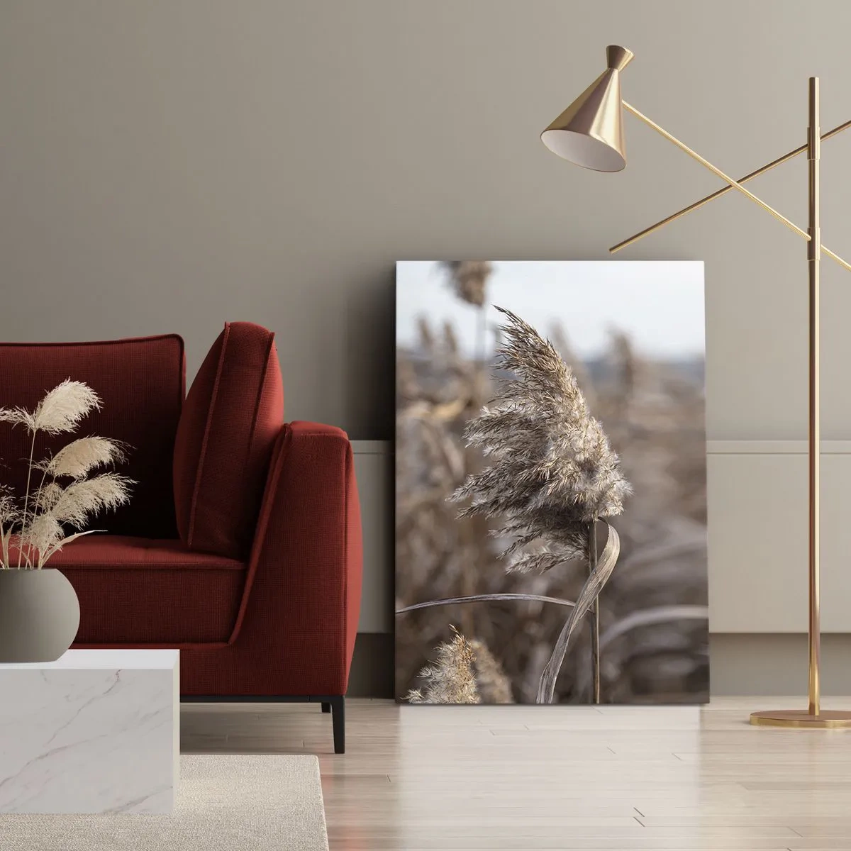 Impression sur toile - Image sur toile - Graminées délicates dans des tons beiges sur fond de nature - 70x100cm - Il est temps de s'envoler avec le vent - Décoration murale moderne pour le salon et la chambre ARTTOR