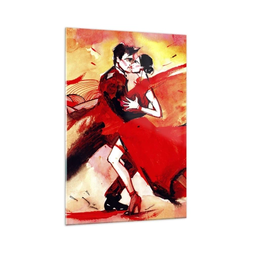 Impression sur verre - Image sur verre - Un couple dansant le tango dans des tons rouges sur un fond dynamique. - 70x100cm - Le rythme violet de la passion - Décoration murale moderne pour le salon et la chambre ARTTOR