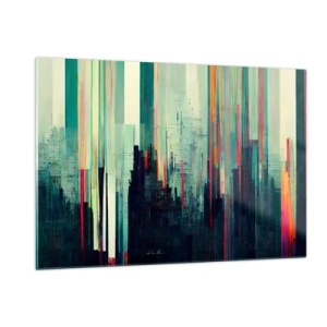 Impression sur verre - Image sur verre - Des lignes verticales colorées forment le contour d’une métropole futuriste. - 120x80cm - Ville futuriste - Décoration murale moderne pour le salon et la chambre ARTTOR