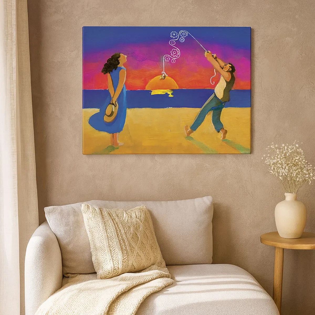 Impression sur toile - Image sur toile - Personnages au bord de la mer au coucher du soleil - 70x50cm - Plus qu'une étoile dans le ciel - Décoration murale moderne pour le salon et la chambre ARTTOR