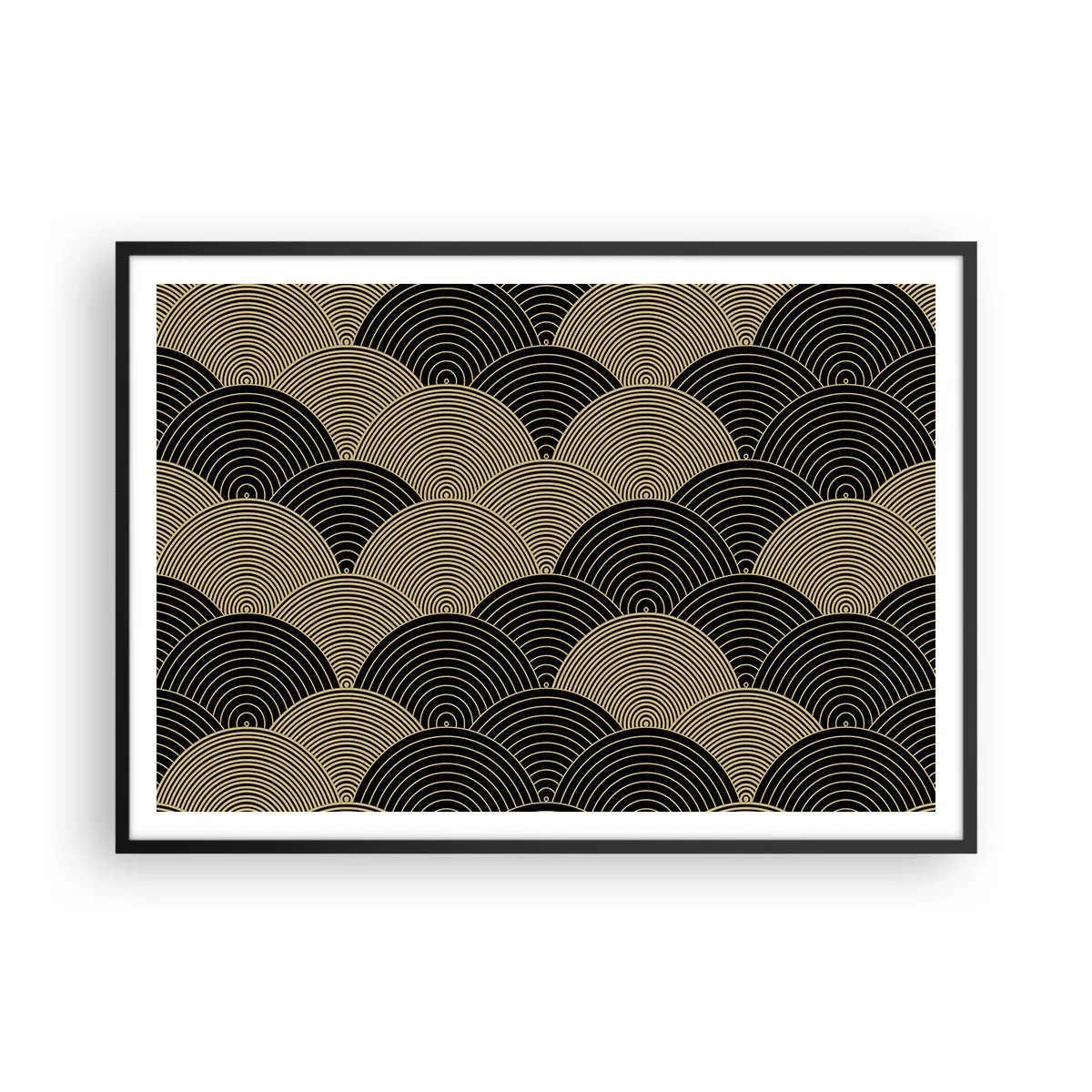 Affiche dans un cadre noir - Poster - Motif Art Déco avec demi-cercles et lignes dorées - 100x70cm - Unité dans la multiplicité - Décoration murale moderne pour le salon et la chambre ARTTOR