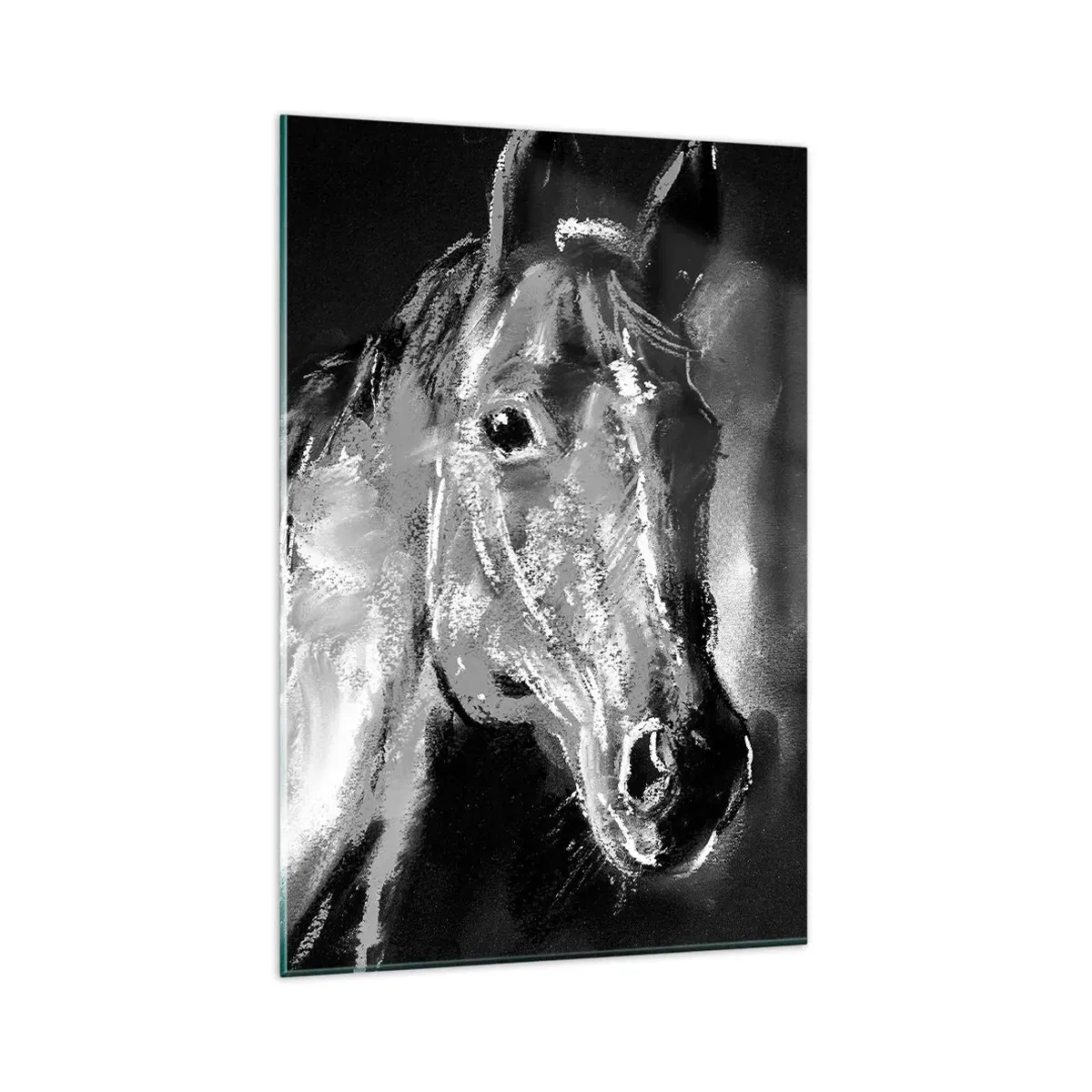 Impression sur verre - Image sur verre - Portrait d'un cheval dans un style dynamique en noir et blanc - 80x120cm - L'éclat d'une âme noble - Décoration murale moderne pour le salon et la chambre ARTTOR