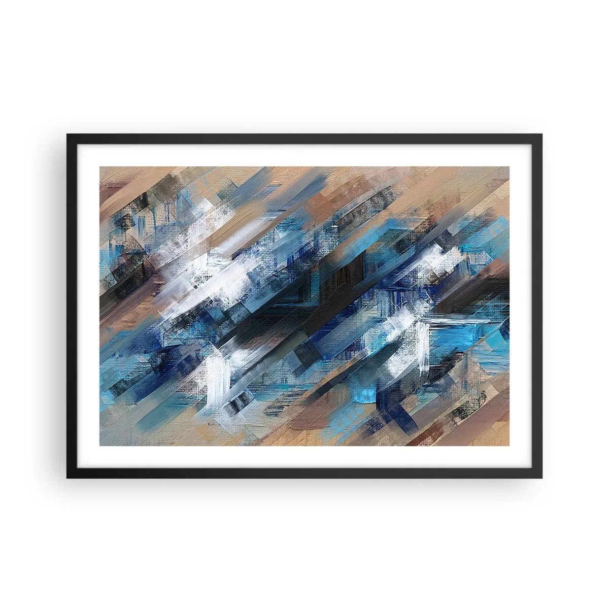 Affiche dans un cadre noir - Poster - Composition abstraite avec des lignes diagonales bleues - 70x50cm - Diagonale de bleus - Décoration murale moderne pour le salon et la chambre ARTTOR