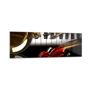 Impression sur verre - Image sur verre - Un saxophone doré, des touches de piano et un violon rouge - 160x50cm - Tôle, bois et ivoire - Décoration murale moderne pour le salon et la chambre ARTTOR