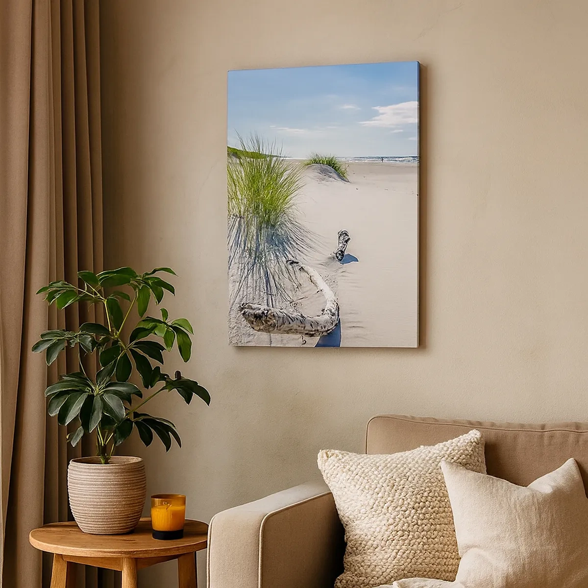 Impression sur toile - Image sur toile - Une plage baltique avec du sable, de l'herbe et un ciel bleu calme - 50x70cm - La plus belle? La Baltique - Décoration murale moderne pour le salon et la chambre ARTTOR