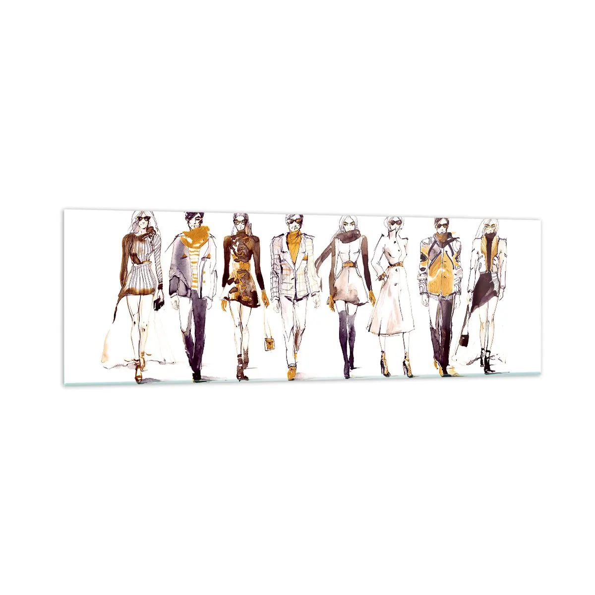 Impression sur verre - Image sur verre - Croquis d'un groupe de personnes en tenues de mode - 160x50cm - Chic décontracté, élégance décontractée - Décoration murale moderne pour le salon et la chambre ARTTOR