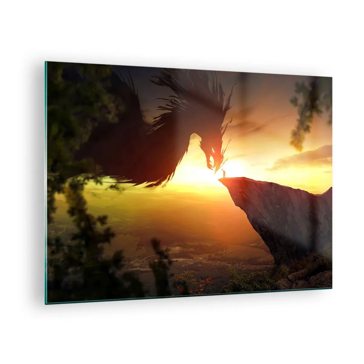 Impression sur verre - Image sur verre - Un dragon dans la lueur du soleil couchant au-dessus d'une falaise - 70x50cm - Chasseur de dragon - Décoration murale moderne pour le salon et la chambre ARTTOR