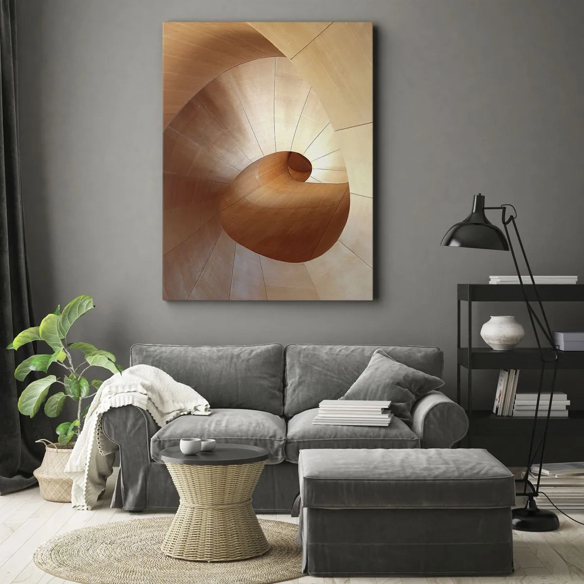 Impression sur toile - Image sur toile - Spirale abstraite dans les tons bois et marron clair - 50x70cm - Serpentin architectural - Décoration murale moderne pour le salon et la chambre ARTTOR