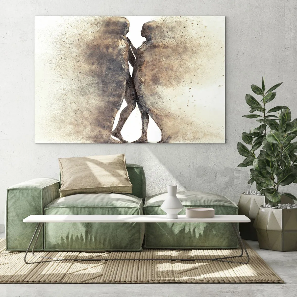 Impression sur verre - Image sur verre - Silhouettes abstraites de deux personnages dans un style poussiéreux - 100x70cm - Ils sont sortis de la poussière pour aimer - Décoration murale moderne pour le salon et la chambre ARTTOR