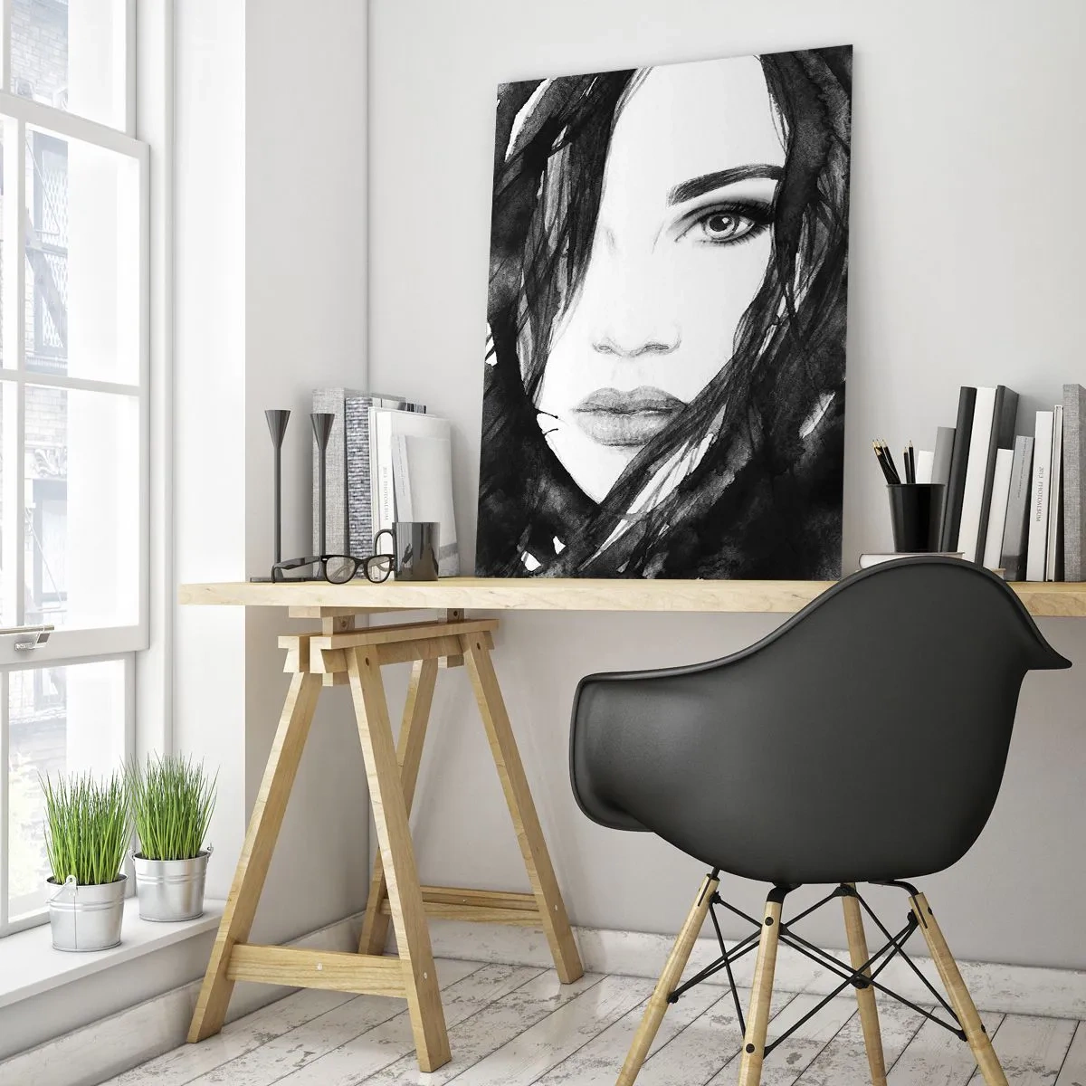 Impression sur verre - Image sur verre - Portraits féminins à l'aquarelle en noir et blanc - 50x70cm - Portrait d'une dame en noir et blanc - Décoration murale moderne pour le salon et la chambre ARTTOR