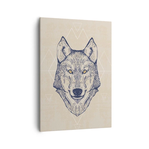 Impression sur toile - Image sur toile - Un loup géométrique sur fond clair avec des motifs minimalistes. - 50x70cm - Un alpha au regard pénétrant - Décoration murale moderne pour le salon et la chambre ARTTOR