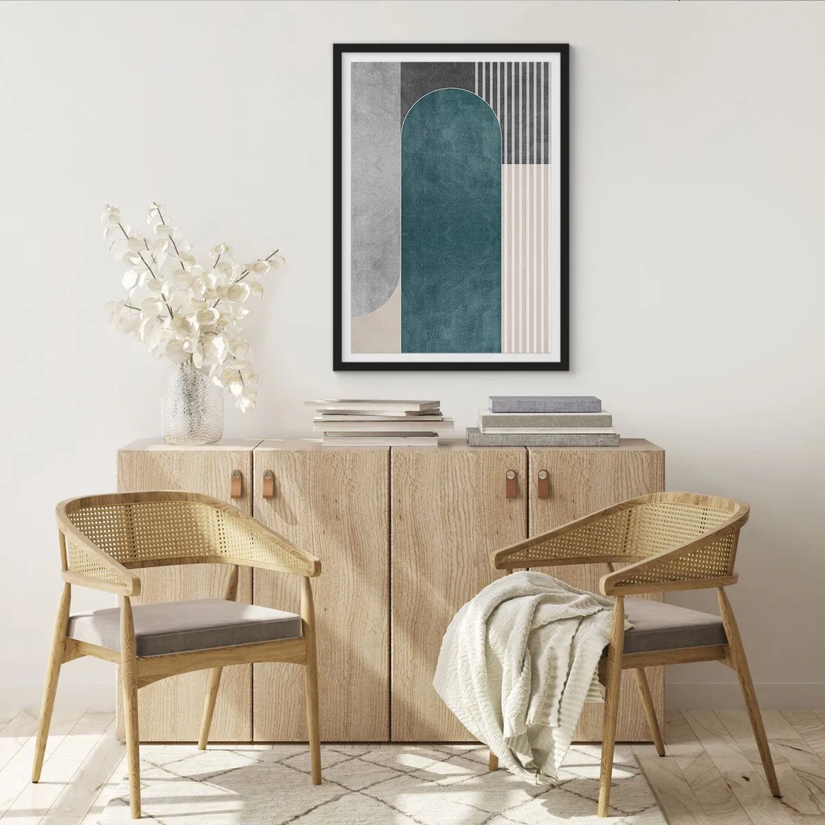 Affiche dans un cadre noir - Poster - Composition géométrique dans les tons de vert et de gris - 50x70cm - Composition de niveaux - Décoration murale moderne pour le salon et la chambre ARTTOR