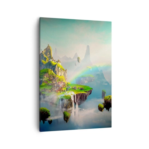 Impression sur toile - Image sur toile - Des îles volantes parmi les nuages avec un arc-en-ciel à l'horizon - 50x70cm - Au milieu des cieux - îles du bonheur - Décoration murale moderne pour le salon et la chambre ARTTOR