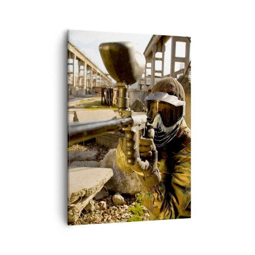 Impression sur toile - Image sur toile - Un joueur de paintball en tenue de camouflage visant un marqueur - 50x70cm - Et vous pouvez devenir un héros - Décoration murale moderne pour le salon et la chambre ARTTOR