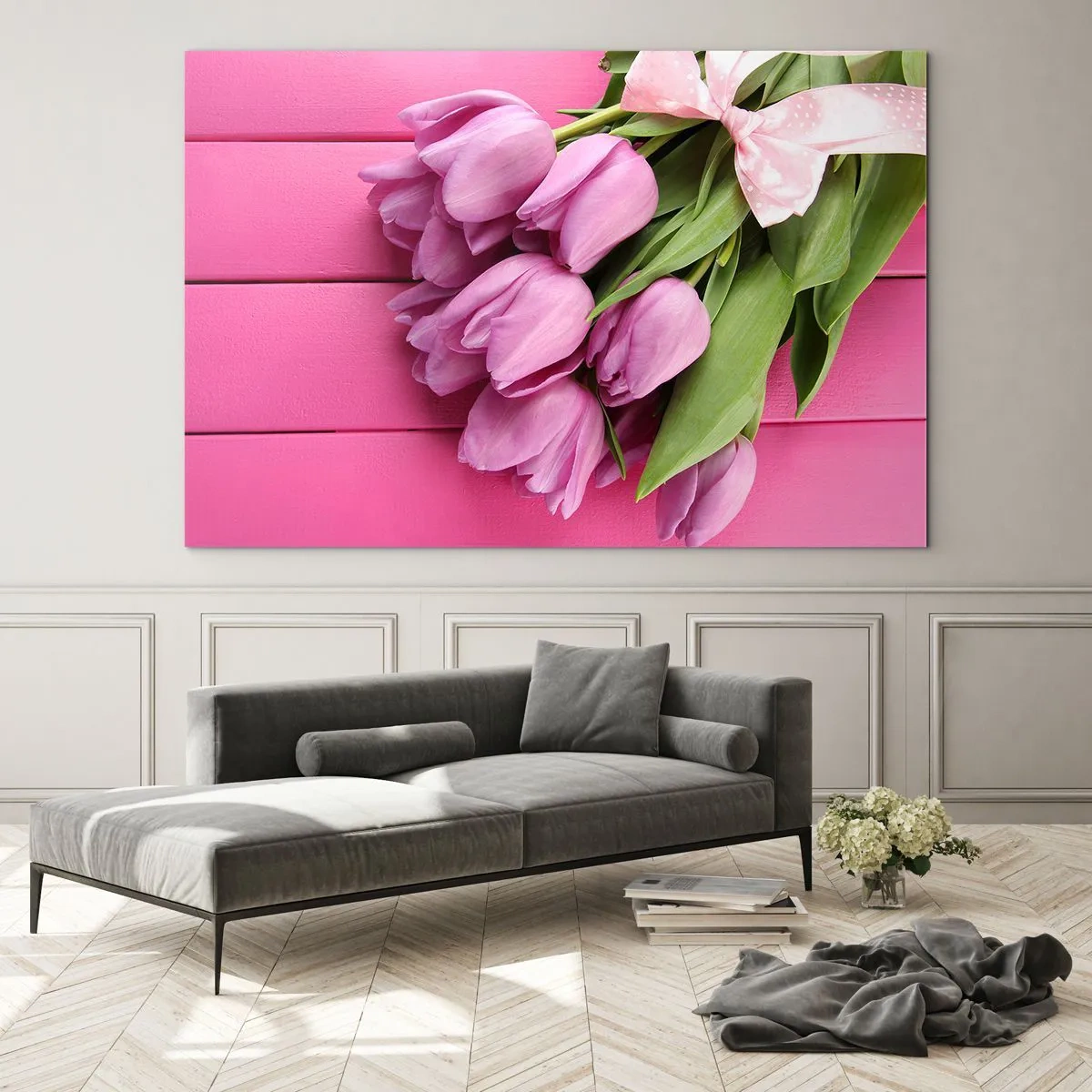 Impression sur verre - Image sur verre - Un bouquet de tulipes roses sur un fond en bois - 120x80cm - Juste pour toi - Décoration murale moderne pour le salon et la chambre ARTTOR