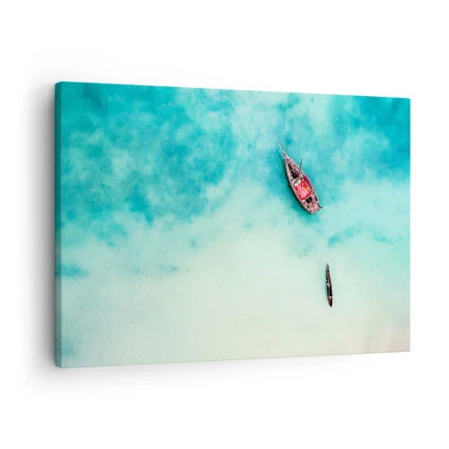 Impression sur toile - Image sur toile - Bateaux sur l'eau turquoise vus à vol d'oiseau - 70x50cm - Car sur les plages de Zanzibar, quand il y a un débordement d'eau... - Décoration murale moderne pour le salon et la chambre ARTTOR