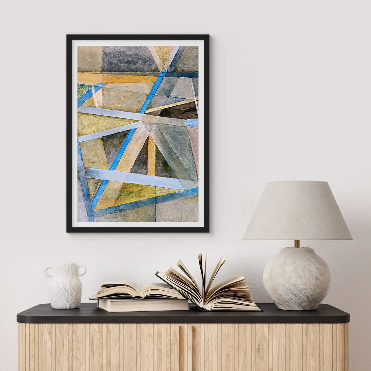 Affiche dans un cadre noir - Poster - Abstraction géométrique avec des nuances de bleu et d'or - 50x70cm - Tout droit ou en diagonale ? - Décoration murale moderne pour le salon et la chambre ARTTOR