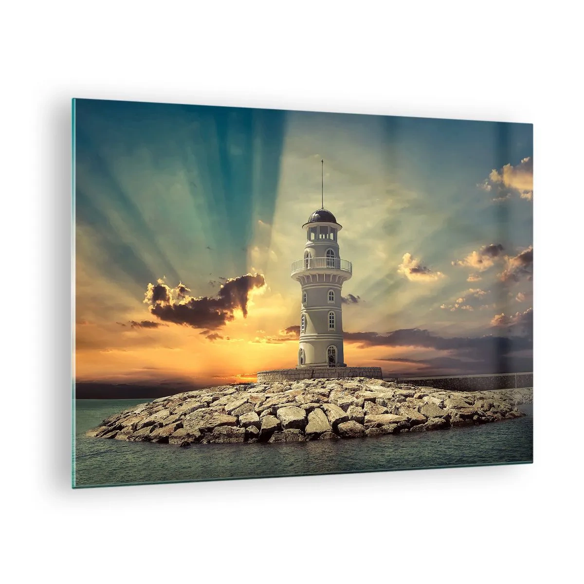 Impression sur verre - Image sur verre - Un phare sur fond de soleil couchant - 70x50cm - Lumière - Bonté - Beauté - Décoration murale moderne pour le salon et la chambre ARTTOR