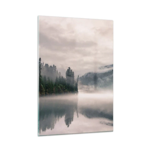 Impression sur verre - Image sur verre - Vue matinale d'un lac dans la forêt, enveloppé de brouillard - 50x70cm - Reflet dans le brouillard - Décoration murale moderne pour le salon et la chambre ARTTOR