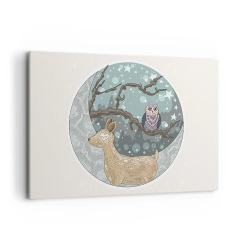 Impression sur toile - Image sur toile - Un cerf et un hibou dans un paysage nocturne de conte de fées - 120x80cm - Une nuit de conte de fées en forêt - Décoration murale moderne pour le salon et la chambre ARTTOR