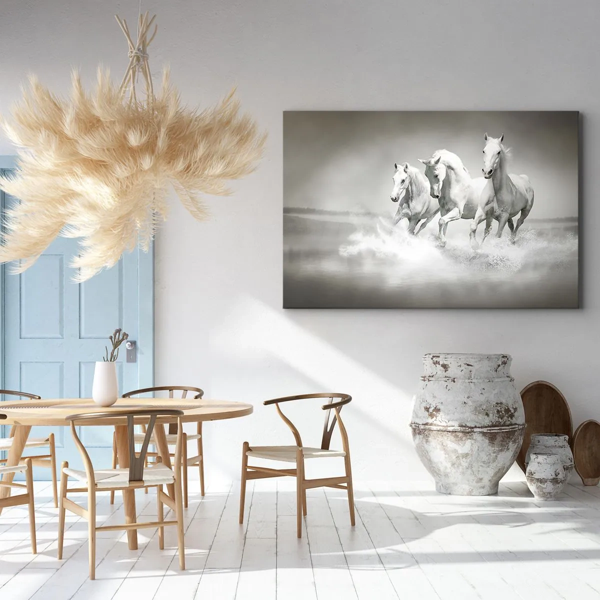 Impression sur toile - Image sur toile - Trois chevaux blancs galopant dans l'eau - 100x70cm - La folie blanche - Décoration murale moderne pour le salon et la chambre ARTTOR