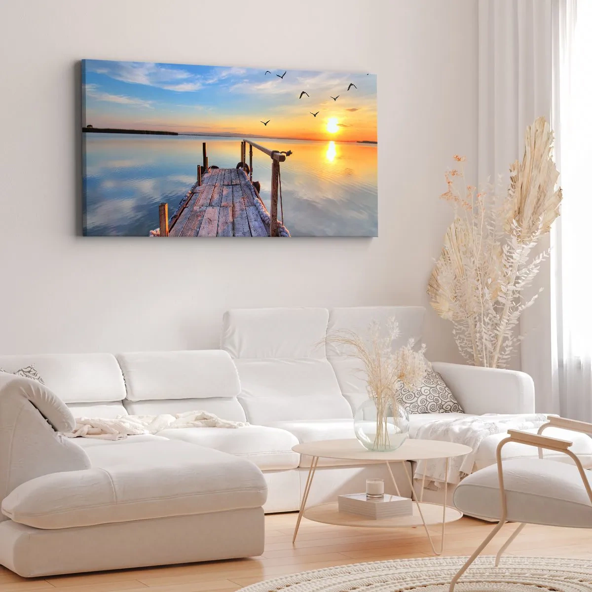 Impression sur toile - Image sur toile - Jetée en bois au coucher du soleil sur un lac calme - 140x50cm - Marcher droit vers le soleil - Décoration murale moderne pour le salon et la chambre ARTTOR