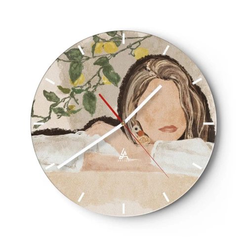 Horloge murale - Pendule murale - Une femme aux cheveux longs devant un citronnier - 30x30cm - La beauté du sud - Décoration murale moderne pour le salon, la cuisine et la chambre ARTTOR