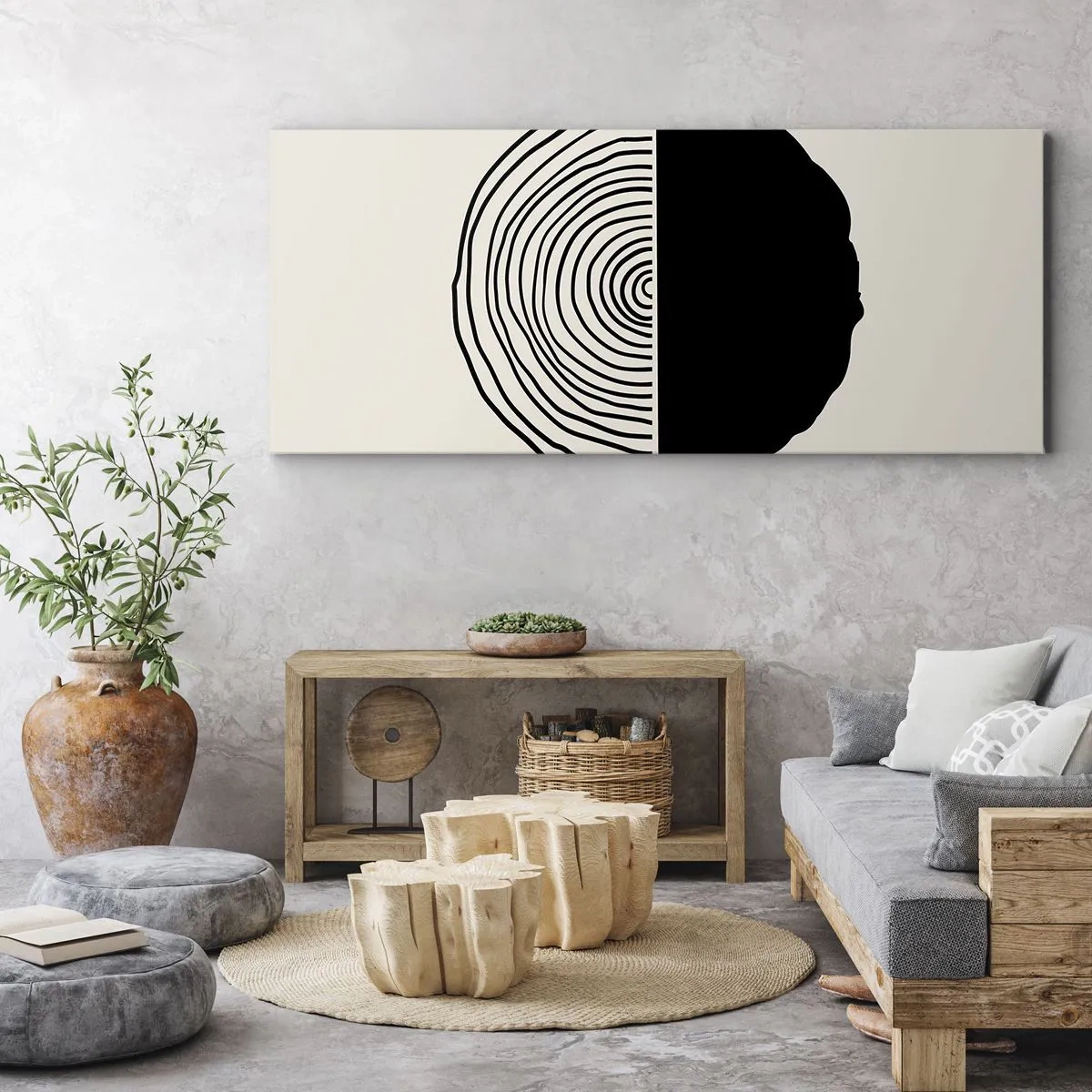 Impression sur toile - Image sur toile - Un motif abstrait en noir et blanc inspiré d'une coupe transversale de bois avec une division géométrique. - 160x50cm - Moitié-moitié - Décoration murale moderne pour le salon et la chambre ARTTOR