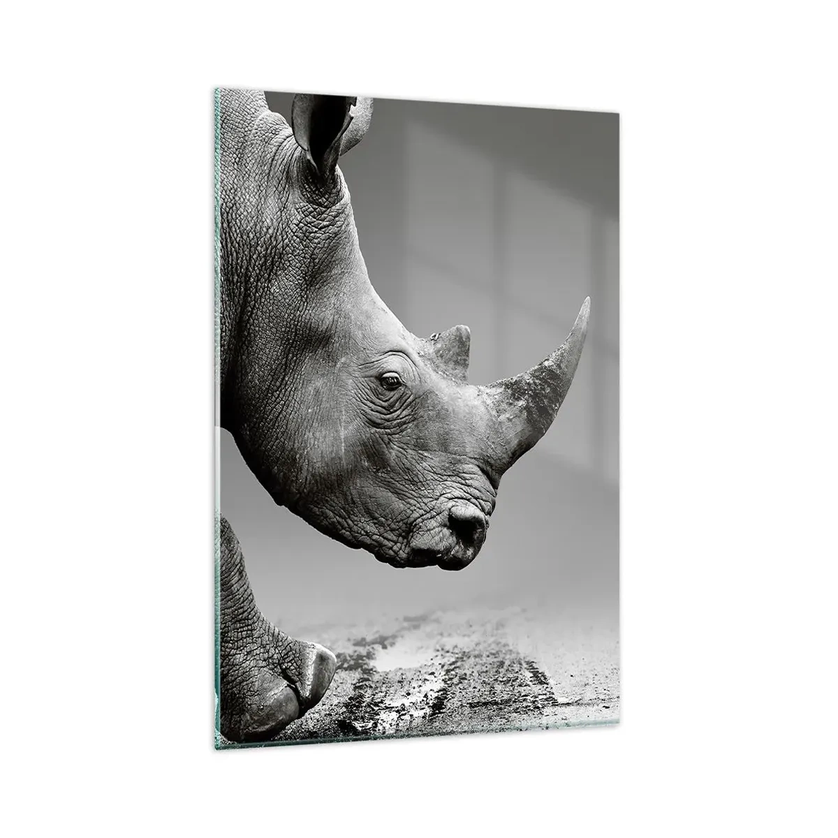 Impression sur verre - Image sur verre - Portrait d'un rhinocéros sur fond de désert gris - 80x120cm - Force inarrêtable - Décoration murale moderne pour le salon et la chambre ARTTOR