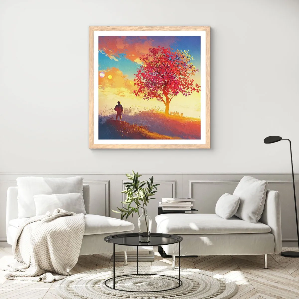 Affiche dans un chêne clair - Poster - Pèlerin à destination - 60x60 cm