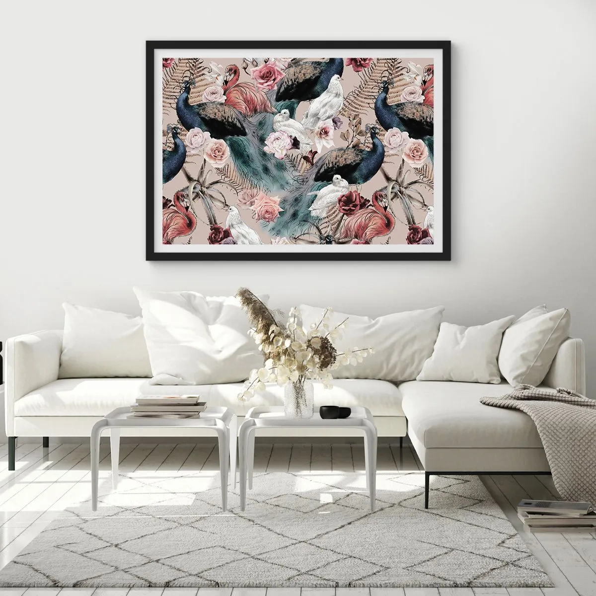 Affiche dans un cadre noir - Poster - Un paysage avec des plumes de paon, des roses et des oiseaux dans un style romantique. - 70x50cm - Dans un jardin de palace - Décoration murale moderne pour le salon et la chambre ARTTOR