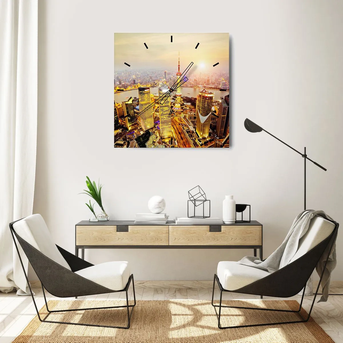 Horloge murale - Pendule murale - Panorama de la ville avec des gratte-ciels au coucher du soleil - 30x30cm - Rêve asiatique - Décoration murale moderne pour le salon et la chambre ARTTOR