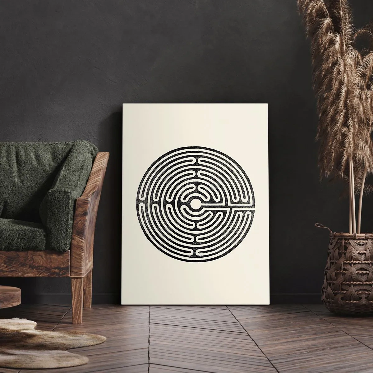 Impression sur toile - Image sur toile - Labyrinthe circulaire noir et blanc sur fond clair - 50x70cm - Ordre mystérieux - Décoration murale moderne pour le salon et la chambre ARTTOR