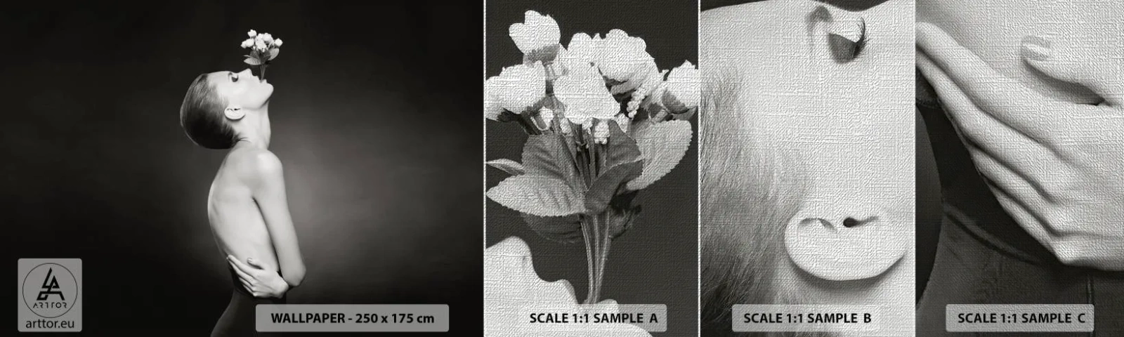 Échantillon de Papier Peint Premium Canvas - Elégance excentrique - Corps, Fleurs, Modèle - 100x30 cm