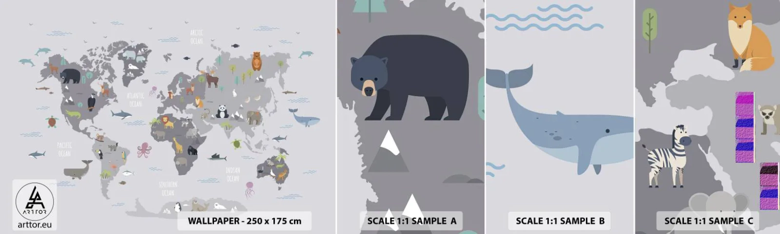 Échantillon de Papier Peint Autocollant Deluxe Sticker - Dis-moi d'où tu viens... - Carte du monde, Animaux, Continents - 100x30 cm
