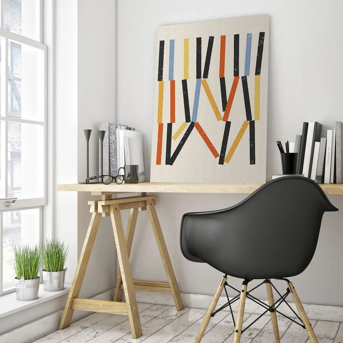 Impression sur verre - Image sur verre - Composition abstraite avec des rectangles colorés et noirs disposés horizontalement - 80x120cm - Composition de niveaux - Décoration murale moderne pour le salon et la chambre ARTTOR