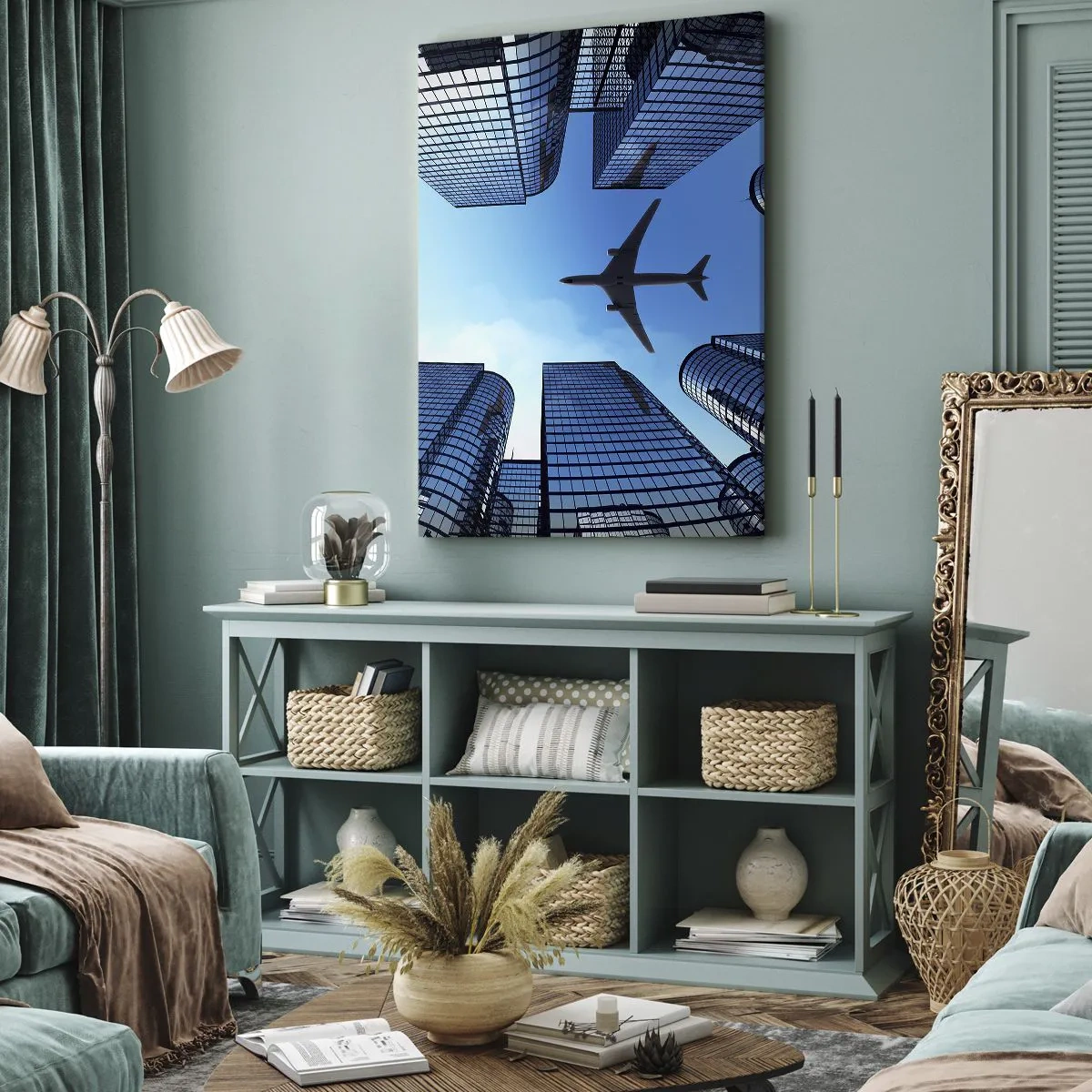 Impression sur toile - Image sur toile - Un avion survolant des gratte-ciels modernes dans le centre-ville. - 80x120cm - La vue depuis le ravin de verre - Décoration murale moderne pour le salon et la chambre ARTTOR