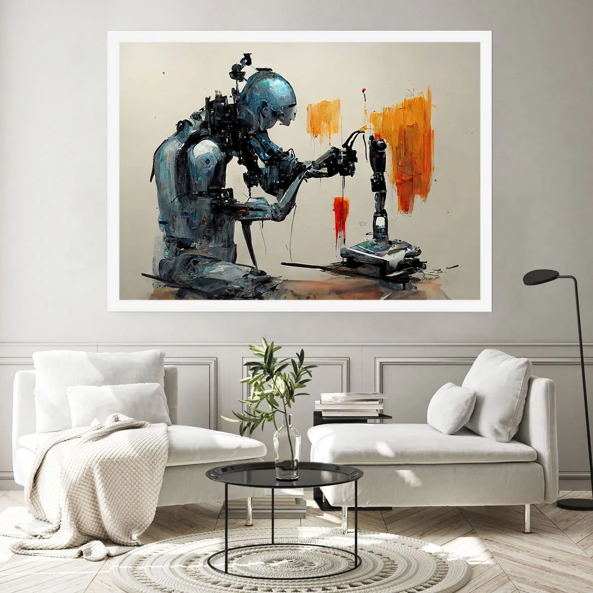 Affiche - Poster - Robot au travail avec un arrière-plan abstrait - 100x70cm - Déjà demain… - Décoration murale moderne pour le salon et la chambre ARTTOR