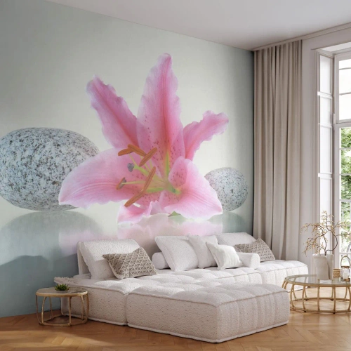 Papier Peint Photo Premium Sand - Étude de rose, gris et blanc - Fleurs, Lis, Des pierres - 300x210 cm