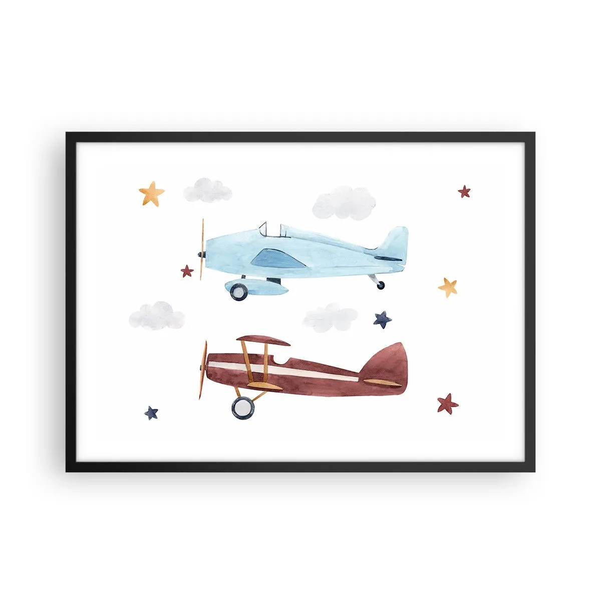 Affiche dans un cadre noir - Poster - Avions peints à la main sur fond de nuages et d'étoiles - 70x50cm - Monsieur le pilote, nous vous attendons ! - Décoration murale moderne pour le salon et la chambre ARTTOR