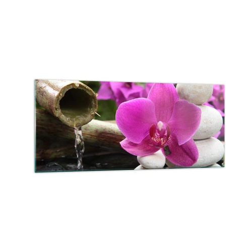 Impression sur verre - Image sur verre - Orchidée violette, pierres et bambou avec de l'eau dans un cadre relaxant - 120x50cm - Tu te reposes déjà - Décoration murale moderne pour le salon et la chambre ARTTOR