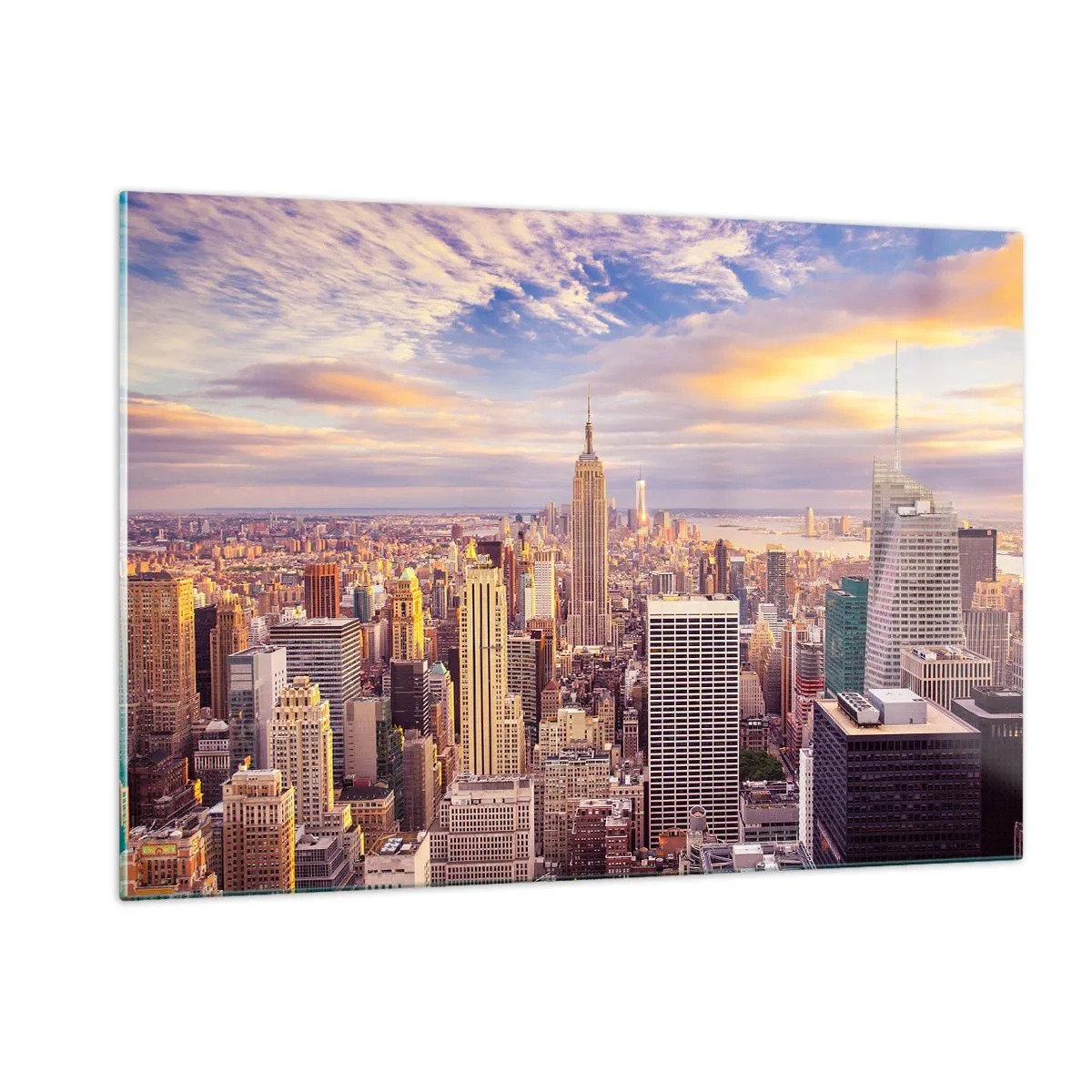 Impression sur verre - Image sur verre - Panorama de la ville avec des gratte-ciels au coucher du soleil - 120x80cm - Atteindre les nuages