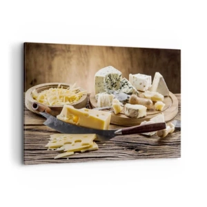 Impression sur toile - Image sur toile - Un plateau de fromages avec différents types sur une table en bois - 100x70cm - Sourire au fromage - Décoration murale moderne pour le salon et la chambre ARTTOR