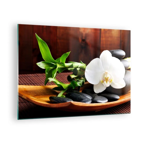 Impression sur verre - Image sur verre - Orchidée blanche sur pierres noires et bambou dans un bol en bois - 70x50cm - Cédez au contact de la nature - Décoration murale moderne pour le salon et la chambre ARTTOR