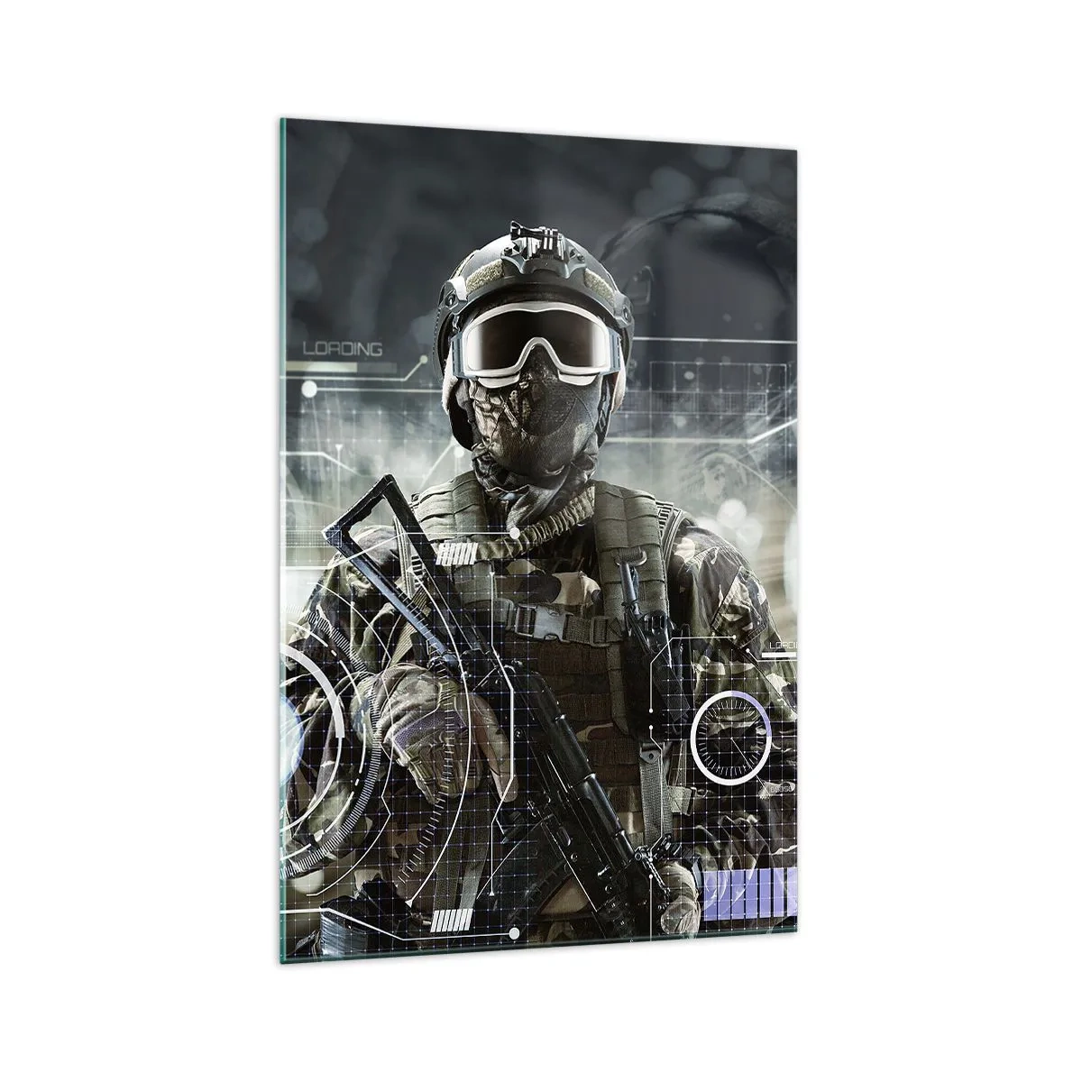 Impression sur verre - Image sur verre - Un soldat portant un casque futuriste avec une arme à feu en arrière-plan de la technologie. - 70x100cm - Puissance sans limite - Décoration murale moderne pour le salon et la chambre ARTTOR