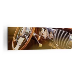 Impression sur toile - Image sur toile - Gros plan de l'intérieur d'une voiture classique avec des détails en bois et en chrome. - 160x50cm - Souffle de luxe venu du passé - Décoration murale moderne pour le salon et la chambre ARTTOR