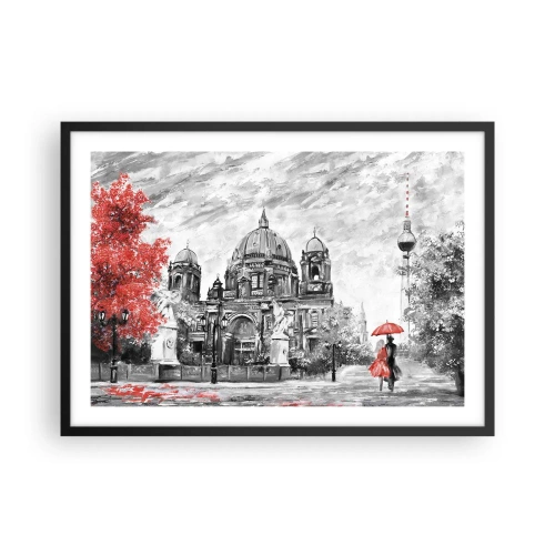 Affiche dans un cadre noir - Poster - Scène en noir et blanc avec Berlin, un parapluie rouge et un arbre - 70x50cm - Rencontre berlinoise - Décoration murale moderne pour le salon et la chambre ARTTOR