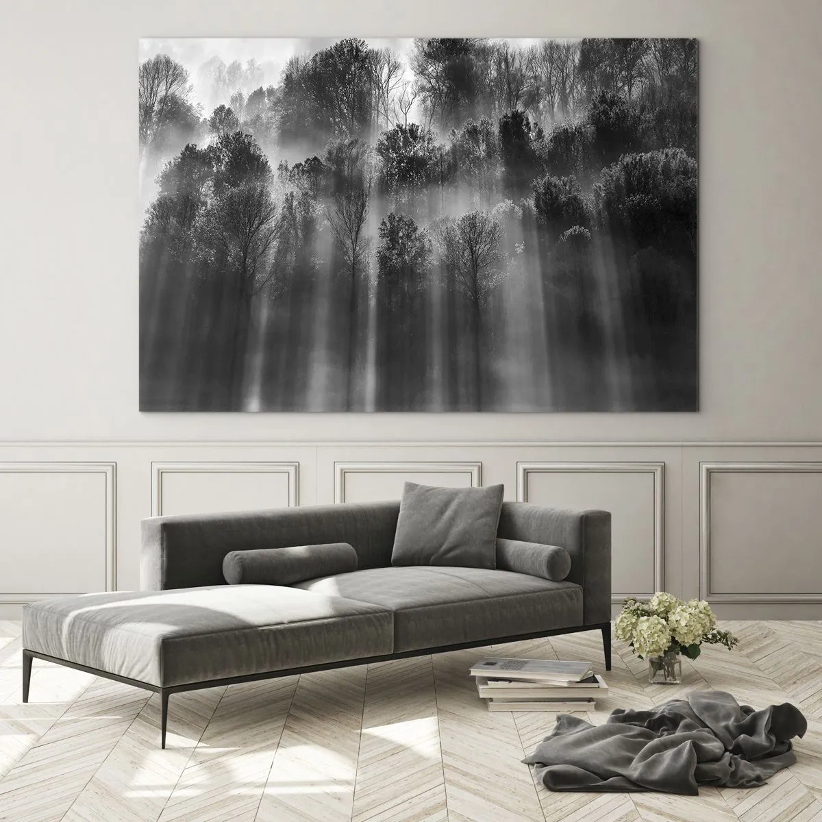 Impression sur verre - Image sur verre - Des rayons de lumière noirs et blancs pénètrent la forêt - 100x70cm - Dans les flots de lumière - Décoration murale moderne pour le salon et la chambre ARTTOR